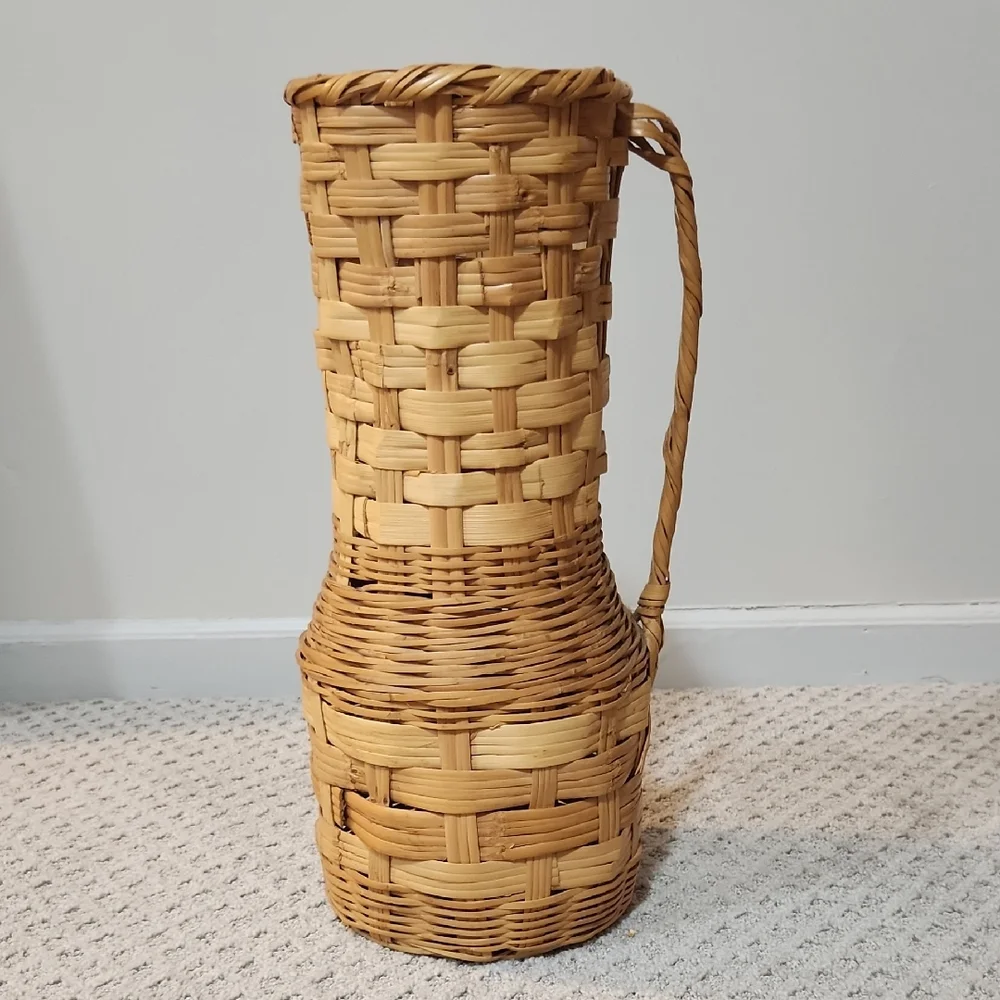 Tall Vintage Woven Wicker Basket Pitcher Vase With Handle - Natural Brown